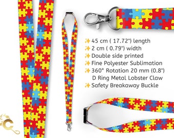20mm Lovely Colorful Autism Puzzle Lanyard with Safety Breakaway Buckle and Metal Lobster Claw • Waterproof Click Seal Clear Card Holder