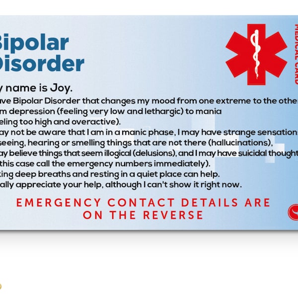 Bipolar Disorder Awareness Medical ID Card with Safety Breakaway Lanyard and Clear Rigid ID Card Holder