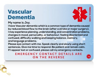 Vascular Dementia Awareness Medical ID Card with Safety Breakaway Lanyard and Clear Rigid ID Card Holder