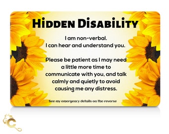 Yellow Double Side Sunflower Hidden Disability • I am Non-verbal • Customisable Medical Awareness Card • Lanyard • 3-up breakaway Key Tags