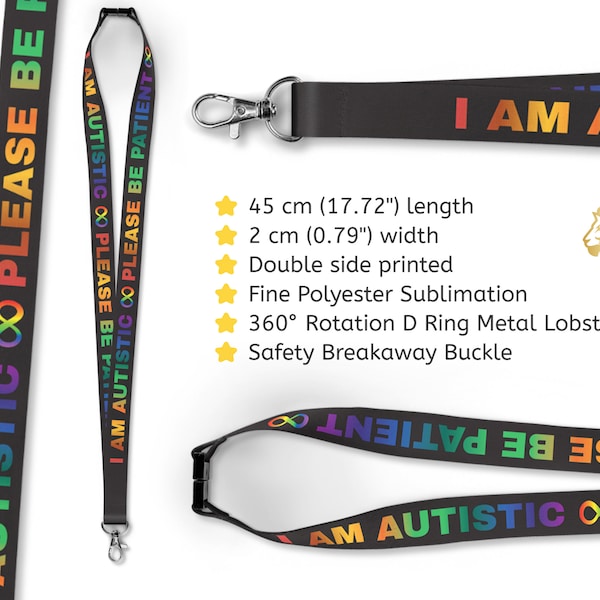 I am Autistic Lovely Lanyards • 20mm Red Black White Black Blue Yellow Green Lovely • Safety Breakaway Buckle • Click Seal Clear Card Holder