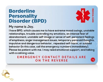 Borderline Personality Disorder (BPD) Awareness Medical Card • Safety Breakaway Buckle Lanyard • Rigid / Click Seal Card Holder • Key Tags