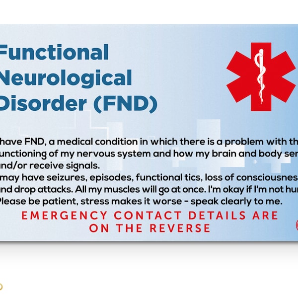 Carte d'alerte médicale de sensibilisation aux troubles neurologiques fonctionnels (FND) avec cordon de sécurité, porte-carte et étiquettes à 3 clés