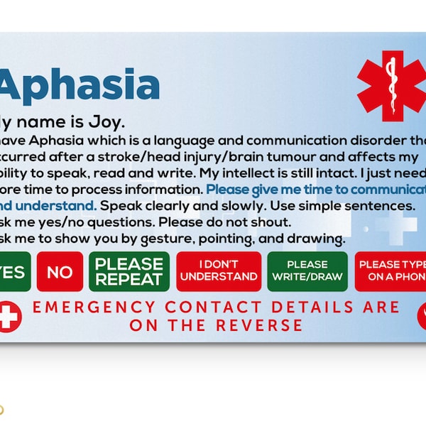 Aphasia Awareness Medical Alert ID Card •  20mm Safety Breakaway Lanyard • Clear Rigid / Click Seal Card Holder •  Lovely Aphasia Lanyards