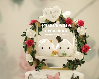 cute bao wedding cake topper,handmade couple cake topper,custom cake topper,birthday cake topper,bride and groom cake topper,anniversary