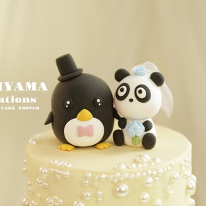 panda and penguin wedding cake topper,bride and groom cake topper,penguin cake topper,panda bear wedding cake topper,birthday cake topper