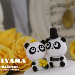 cute panda wedding cake topper,handmade couple cake topper,custom wedding cake topper,birthday cake topper,bride and groom cake topper