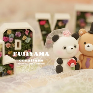 panda and bear wedding cake topper,bride and groom cake topper,handmade couple cake topper,custom wedding cake topper,birthday cake topper