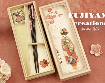 Handgemaakte Japanse eetstokjes, verjaardagscadeau, kanzashi-geisha, houten kist, gegraveerde eetstokjes/feestcadeaus/trouwbedankjes, huwelijkscadeau, C272