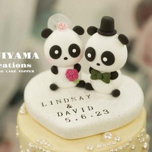 cute panda wedding cake topper,handmade couple cake topper,custom wedding cake topper,birthday cake topper,bride and groom cake topper