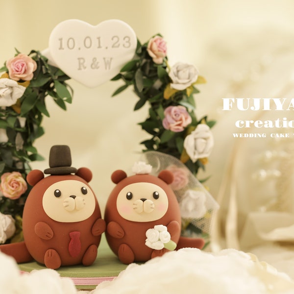 Adorno para tarta de bodas con forma de nutria, adorno para tarta de novios y pareja de nutrias, adorno para tarta de nutria hecho a mano, adorno para tarta personalizado, adorno para tarta de cumpleaños