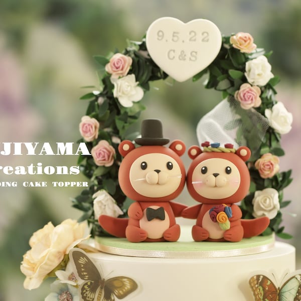 Adorno para tarta de bodas con forma de nutria, adorno para tarta de novios y pareja de nutrias, adorno para tarta de nutria hecho a mano, adorno para tarta personalizado, adorno para tarta de cumpleaños