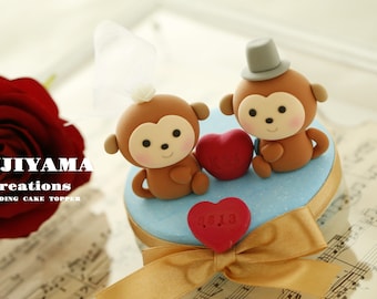 Adorno para tarta de bodas de pareja de monos, adorno para tarta hecho a mano, adorno para tarta del zodíaco chino, adorno para tarta personalizado, adorno para tarta de novios