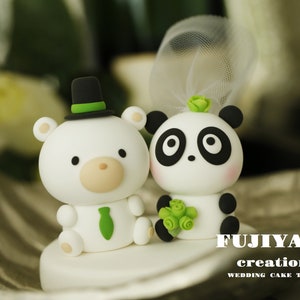 panda and bear wedding cake topper,bride and groom cake topper,handmade couple cake topper,custom wedding cake topper,birthday cake topper