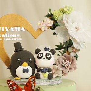 panda and penguin wedding cake topper,bride and groom cake topper,penguin cake topper,panda bear wedding cake topper,birthday cake topper