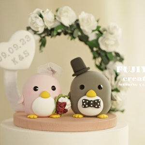 penguin wedding cake topper,handmade penguin couple cake topper,love birds cake topper,birthday cake topper,bride and groom cake topper