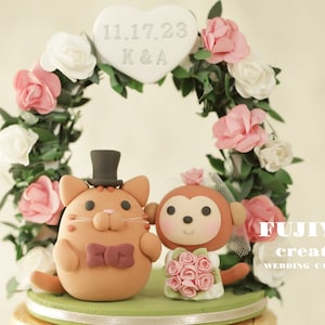 monkey and cat wedding cake topper,monkey and kitty couple cake topper,kitty cake topper,custom cake topper,bride and groom cake topper
