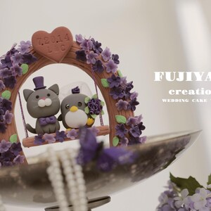 penguin and cat wedding cake topper,penguin and kitty cake topper,penguin couple cake topper,birthday cake topper,bride and groom topper