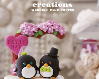 penguin wedding cake topper,handmade penguin couple cake topper,love birds cake topper,birthday cake topper,bride and groom cake topper