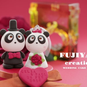 cute panda wedding cake topper,handmade couple cake topper,custom wedding cake topper,birthday cake topper,bride and groom cake topper
