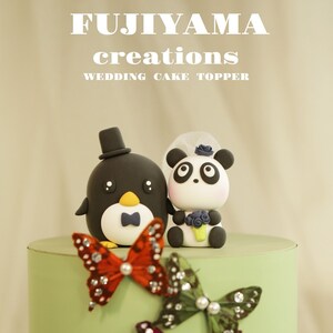 panda and penguin wedding cake topper,bride and groom cake topper,penguin cake topper,panda bear wedding cake topper,birthday cake topper