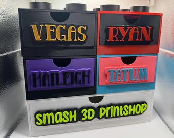 3D Printed Brick storage drawers Lego Style Brick Custom Text includes Stackable brick storage