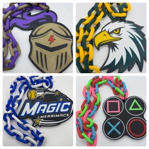 May include: A collage of four decorative chain-link designs. One features a knight's helmet with a lightning bolt, another an eagle head, a third with the word "MAGIC" and a baseball, and the last with video game controller symbols.