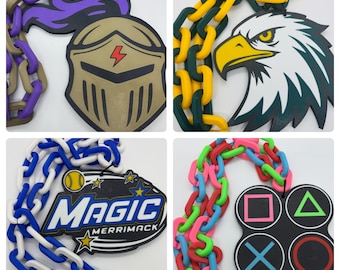 May include: A collage of four decorative chain-link designs. One features a knight's helmet with a lightning bolt, another an eagle head, a third with the word "MAGIC" and a baseball, and the last with video game controller symbols.