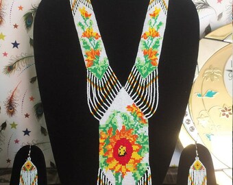 Fleur jaune, collier ukrainien, collier de perles Gerdan avec motif national ukrainien en ukrainien traditionnel, avec boucle d'oreille gratuite
