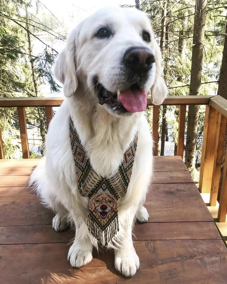 May include: A white Golden Retriever dog wearing a beaded necklace with a smaller golden retriever dog image in the center. The dog is sitting on a wooden deck with a forest background.