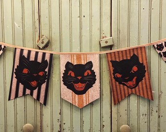 Halloween cat banner, Halloween garland, Retro black cat banner