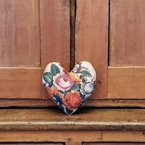 Rose needlepoint heart pillow, Vintage needlepoint print  pillow, Floral antique heart