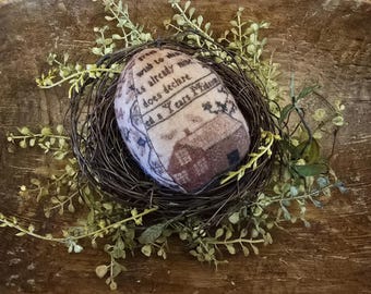 Antique Stitched house sampler egg, Primitive Spring decor, Colonial Easter, Primitive Eggs