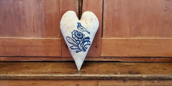 Stoneware crock heart pillow, Antique pottery print heart pillow, Prim heart decor