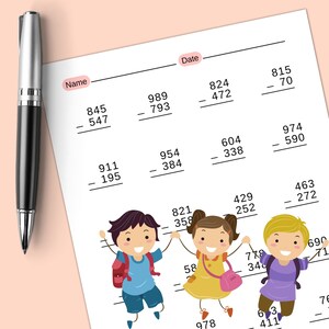 May include: A worksheet with maths problems for subtraction. The problems are written in black ink on white paper. There are three cartoon children at the bottom of the page, each holding hands and smiling. The children are wearing backpacks and are jumping in the air.