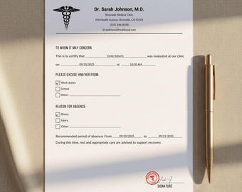 Modello stampabile di nota di giustificazione medica. Lettera di giustificazione per cure urgenti. Nota di giustificazione medica modificabile per lavoro e scuola. Modulo per congedo per malattia. PDF Canva.
