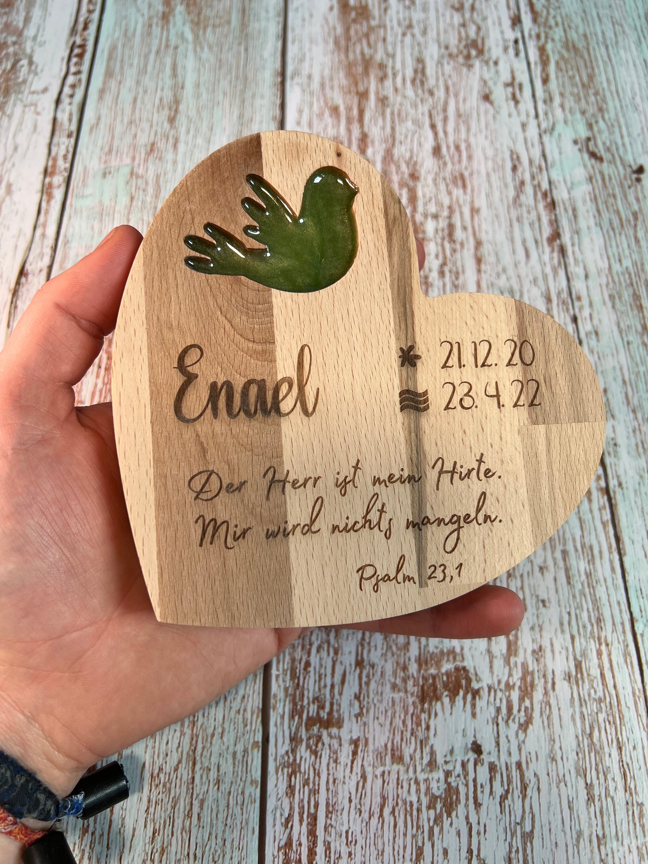 Taufgeschenk Taufspruch Herz mit Taube Geschenk aus Holz Taufe