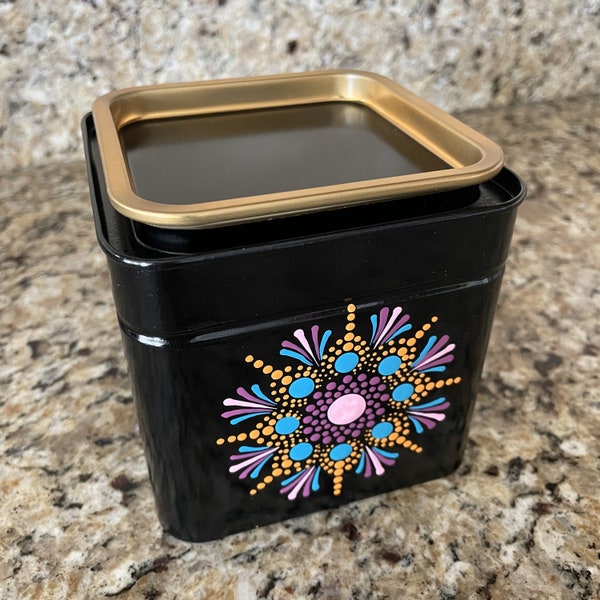 4" Stylish and Edgy Black metal container for Tea/Sugar storage with hand painted mandala art  *Hand wash only*