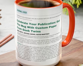 Taza con texto en inglés "Publication", cita personalizada, regalo para estudiantes de doctorado, regalo de graduación de doctorado, taza académica para profesor científico, artículo de revista científica naranja.