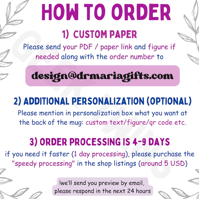 May include: Instructions on how to order a custom paper product.  The instructions include sending a PDF or paper link, adding personalisation, and information about order processing time.  The email address design@drmariagifts.com is included.