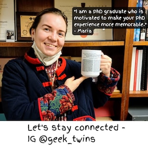 May include: A woman wearing a blue and red jacket holds a white mug with black text. The mug says "Penn Champion Papers, Bringing the News to Life" and has a small image of a newspaper. The text on the image says "Baltimore, MD for the New York World". The background is a bookshelf with books. The text on the image says "I am a PhD graduate who is motivated to make your PhD experience more memorable." - Mar&iacute;a. Let's stay connected - IG @geek_twins