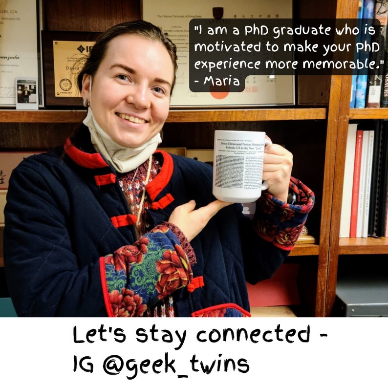 May include: A woman wearing a blue and red jacket holds a white mug with black text. The mug says "Penn Champion Papers, Bringing the News to Life" and has a small image of a newspaper. The text on the image says "Baltimore, MD for the New York World". The background is a bookshelf with books. The text on the image says "I am a PhD graduate who is motivated to make your PhD experience more memorable." - Mar&iacute;a. Let's stay connected - IG @geek_twins