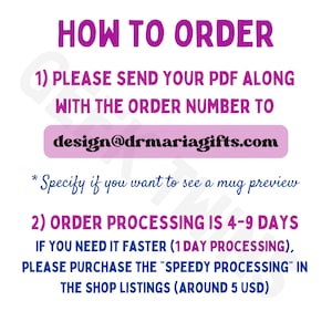 Może przedstawiać: R&oacute;żowy i biały tekst na białym tle z instrukcjami, jak zam&oacute;wić spersonalizowany kubek. Tekst brzmi "HOW TO ORDER" i zawiera adres e-mail "design@drmariagifts.com".