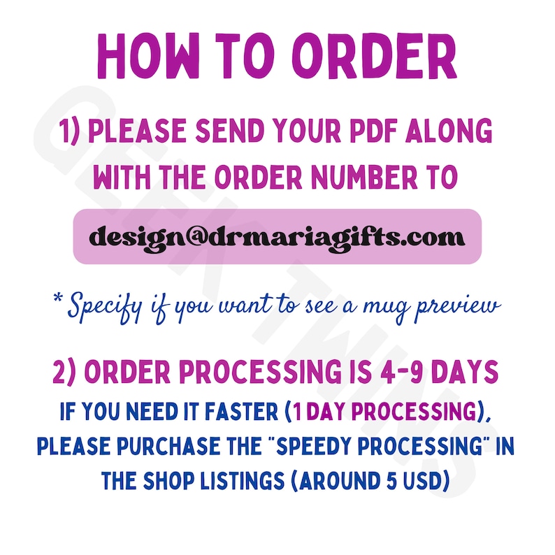 Może przedstawiać: R&oacute;żowy i biały tekst na białym tle z instrukcjami, jak zam&oacute;wić spersonalizowany kubek. Tekst brzmi "HOW TO ORDER" i zawiera adres e-mail "design@drmariagifts.com".