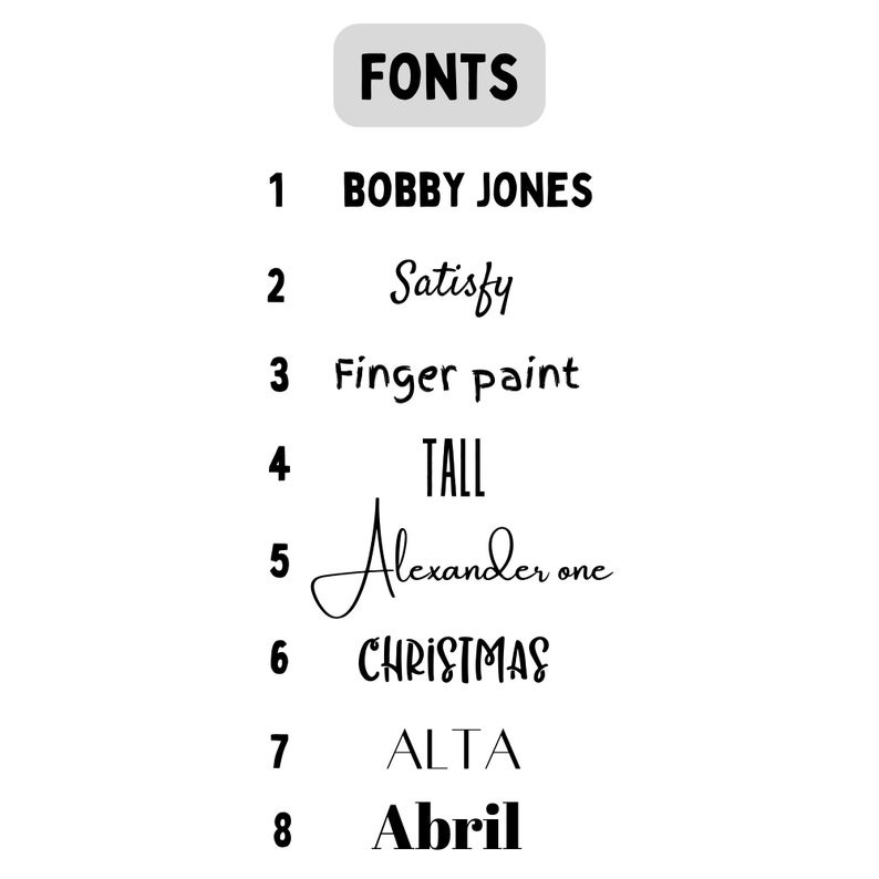 May include: A list of eight different fonts, each with a number and name. The fonts are: Bobby Jones, Satisfy, Finger paint, TALL, Alexander one, CHRISTMAS, ALTA, and Abril.