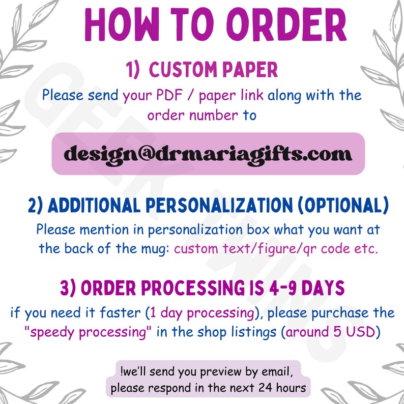 Op de afbeelding: Een roze en paarse afbeelding met witte tekst die uitlegt hoe je een gepersonaliseerd papieren product kunt bestellen. De tekst bevat het e-mailadres design@drmariagifts.com. De afbeelding bevat ook informatie over extra personalisatie-opties en verwerkingstijden.