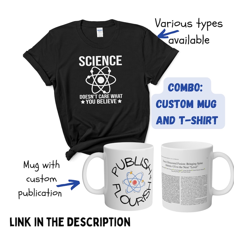 May include: A black t-shirt with a white atom graphic and the text "Science Doesn't Care What You Believe". A white mug with a blue atom graphic and the text "Publish or Perish" is next to the t-shirt. The text "Combo: Custom Mug and T-Shirt" is in a blue box. The text "Mug with custom publication" is next to an arrow pointing to the mug. The text "Various types available" is next to an arrow pointing to the t-shirt.