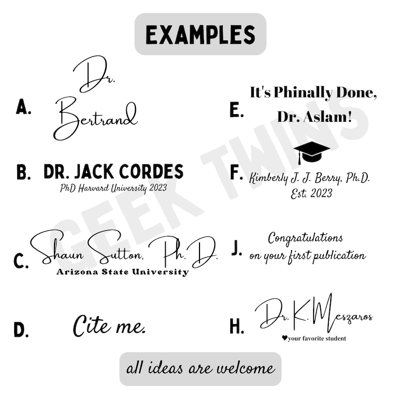Peut inclure: Fond blanc avec des exemples de texte noir. Le mot "EXAMPLES" est en haut. Le texte comprend des noms, des titres et des phrases comme "Cite me" et "F&eacute;licitations pour votre premi&egrave;re publication".