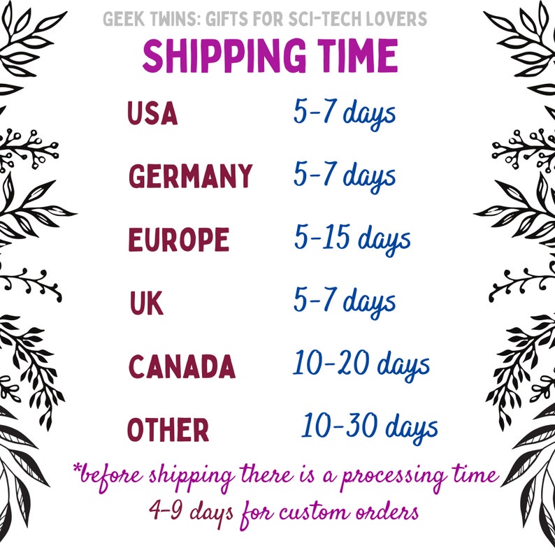Peut inclure: Fond blanc avec du texte violet et bleu indiquant les d&eacute;lais de livraison pour diff&eacute;rentes r&eacute;gions. Le texte indique "SHIPPING TIME" et liste les d&eacute;lais de livraison pour les &Eacute;tats-Unis, l'Allemagne, l'Europe, le Royaume-Uni, le Canada et Autres.