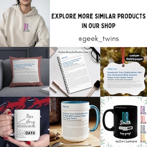 Op de afbeelding: Een verzameling gepersonaliseerde producten met de tekst "DR Smith" en de zin "Celebrate Your Publication: Get The Mug With Custom Paper From Geek Twins". De producten omvatten een hoodie, een kussen, een spiraalnotitieblok, een mok, een zwarte mok met een voortgangsbalk en een witte ornament.